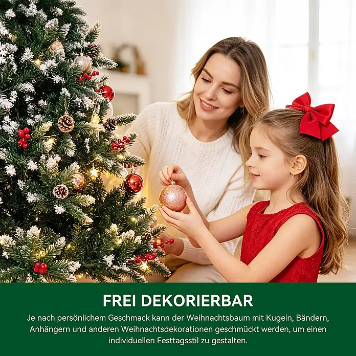 HOMAVO Künstlicher Weihnachtsbaum 150 CM Für Zuhause Garten Hotel -  - Mutter und Kind schmücken einen vorbeleuchteten, schneebedeckten Weihnachtsbaum mit Kugeln.