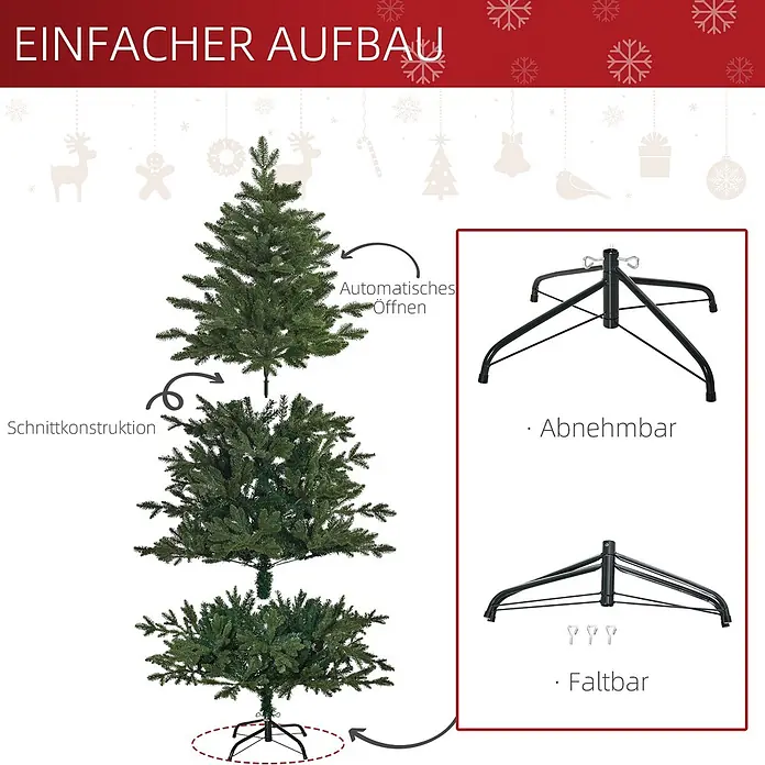 HOMCOM-Christbaum-Ø120 x 180H cm-Grün -  - Künstlicher grüner Weihnachtsbaum in modularen Sektionen für einfachen Aufbau, mit abnehmbarem und faltbarem schwarzem Metallständer.