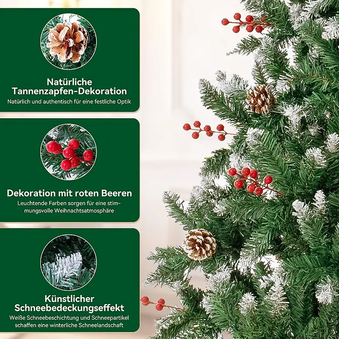 HOMAVO Künstlicher Weihnachtsbaum 150 CM Für Zuhause Garten Hotel -  - Ein grüner Weihnachtsbaum mit natürlichen Tannenzapfen, leuchtend roten Beeren und künstlichem Schnee für ein festliches Aussehen.