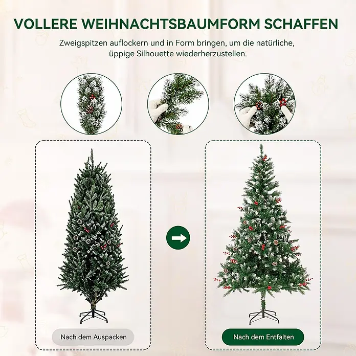 HOMAVO Künstlicher Weihnachtsbaum 150 CM Für Zuhause Garten Hotel -  - Zwei Bilder eines beflockten künstlichen Weihnachtsbaums mit Beeren und Zapfen, der vor und nach dem Aufplustern der Zweige eine vollere Form zeigt.