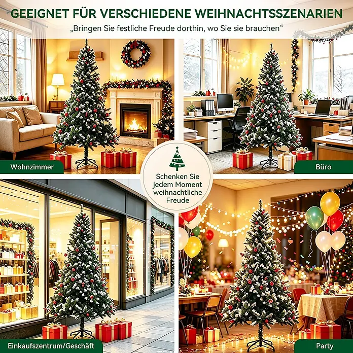 HOMAVO Künstlicher Weihnachtsbaum 150 CM Für Zuhause Garten Hotel -  - Vielseitiger künstlicher Weihnachtsbaum mit roten Kugeln und Schneeflocken, gezeigt in Wohnzimmer, Büro, Geschäft und Party-Umgebung.