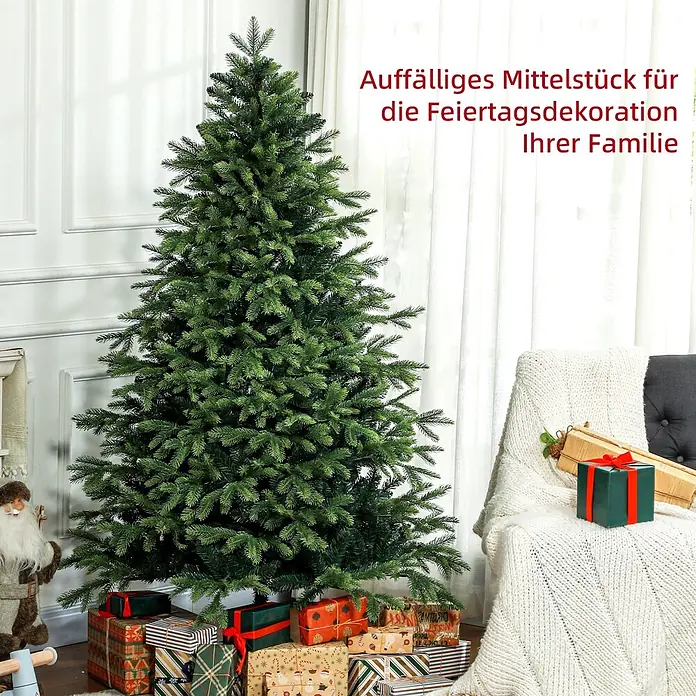 HOMCOM-Weihnachtsbaum-Ø122 x 183H cm-Grün -  - Grüner, voller künstlicher Weihnachtsbaum, festlich dekoriert mit Geschenken darunter.