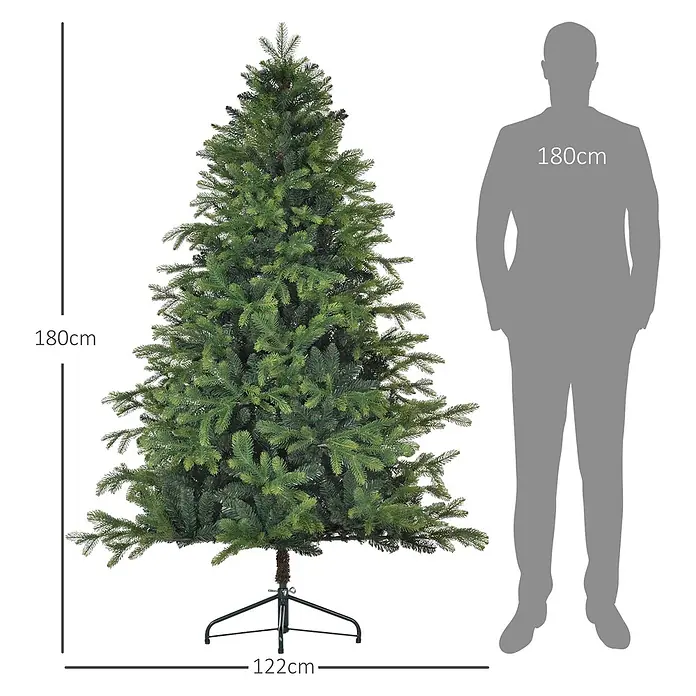 HOMCOM-Weihnachtsbaum-Ø122 x 183H cm-Grün -  - Grüner künstlicher Weihnachtsbaum, 180 cm hoch und 122 cm breit, mit Ständer. Eine 180 cm große Person zeigt die Größe an.