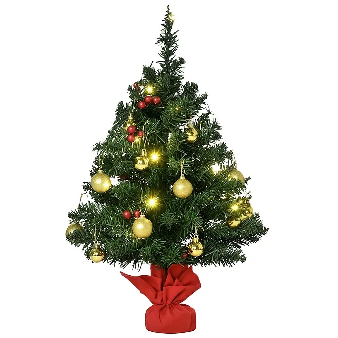 HOMCOM-Weihnachtsbaum-∅40 x H60 cm-Grün -  - Ein kleiner, vorbeleuchteter künstlicher Weihnachtsbaum mit grünen Zweigen, geschmückt mit goldenen Kugeln, roten Beeren und warmweißen LED-Lichtern, in rotem Stoffsockel.