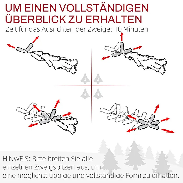 HOMCOM-Weihnachtsbaum-95L x 95B x 150H cm-Grün -  - Anleitung zum Ausrichten künstlicher Baumzweige für ein volles und üppiges Aussehen, mit vier Schritten und einem Hinweis zur Vorgehensweise.