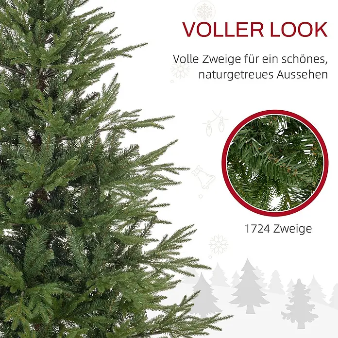 HOMCOM-Weihnachtsbaum-95L x 95B x 150H cm-Grün -  - Nahaufnahme eines grünen Kunstweihnachtsbaums mit vollen, naturgetreuen Ästen, die seine 1724 Spitzen zeigen.
