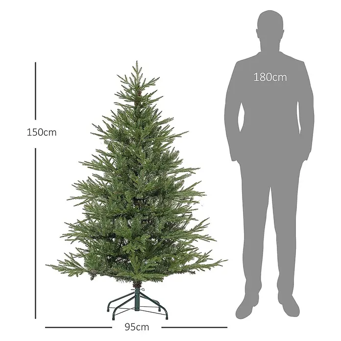 HOMCOM-Weihnachtsbaum-95L x 95B x 150H cm-Grün -  - Grüner künstlicher Weihnachtsbaum, 150 cm hoch und 95 cm breit, mit 180 cm großer Person zur Größenreferenz.