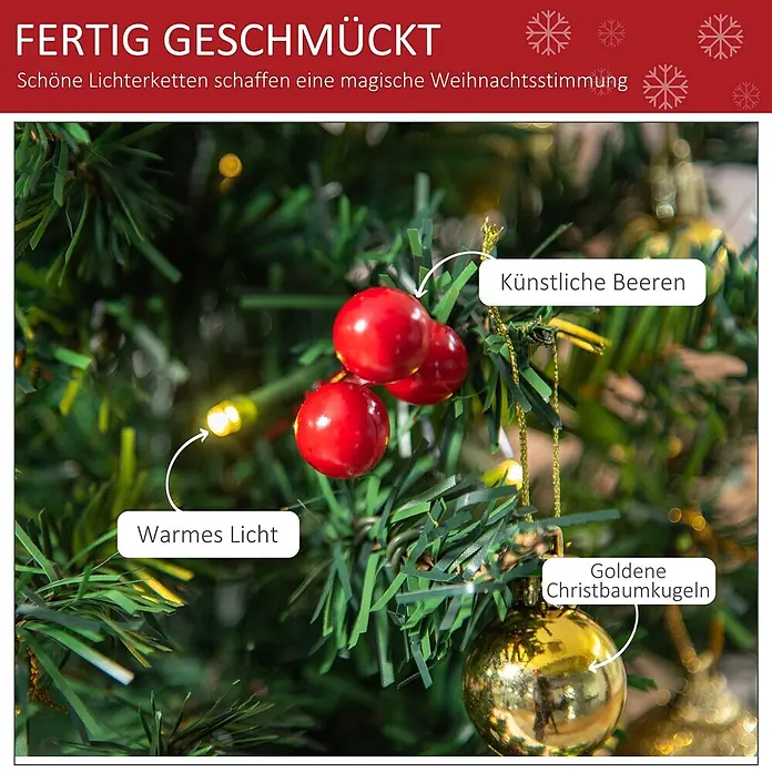 HOMCOM-Weihnachtsbaum-∅40 x H60 cm-Grün -  - Nahaufnahme eines festlichen künstlichen Weihnachtsbaums, geschmückt mit warmen Lichtern, roten Beeren und goldenen Kugeln.