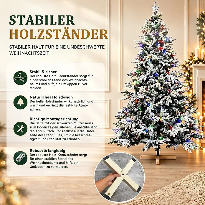 HOMAVO Künstlicher Weihnachtsbaum 180 CM Mit LED Beleuchtung -  - Hölzerner Kreuzständer für einen Weihnachtsbaum, sorgt für stabilen Halt. Gefertigt aus hellem Holz.