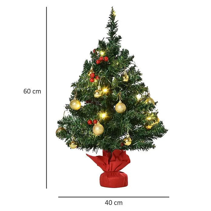 HOMCOM-Weihnachtsbaum-∅40 x H60 cm-Grün -  - Kleiner Weihnachtsbaum, 60 cm hoch und 40 cm breit, mit Lichtern, goldenen Kugeln und roten Beeren, auf rotem Stofffuß.