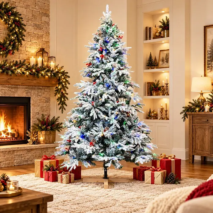 HOMAVO Künstlicher Weihnachtsbaum 180 CM Mit LED Beleuchtung -  - Ein vorbeleuchteter, beflockter Weihnachtsbaum mit bunten Lichtern, roten Beeren und Tannenzapfen, umgeben von Geschenken in einem festlichen Wohnzimmer.