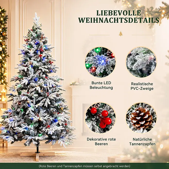 HOMAVO Künstlicher Weihnachtsbaum 180 CM Mit LED Beleuchtung -  - Beschneiter Weihnachtsbaum mit bunter LED-Beleuchtung, roten Beeren und Tannenzapfen. Realistische PVC-Zweige.
