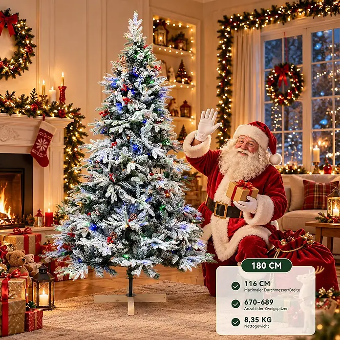 HOMAVO Künstlicher Weihnachtsbaum 180 CM Mit LED Beleuchtung -  - Geflockter künstlicher Weihnachtsbaum, 180 cm hoch, mit bunten Lichtern, roten Beeren und Tannenzapfen in festlicher Wohnzimmerkulisse.