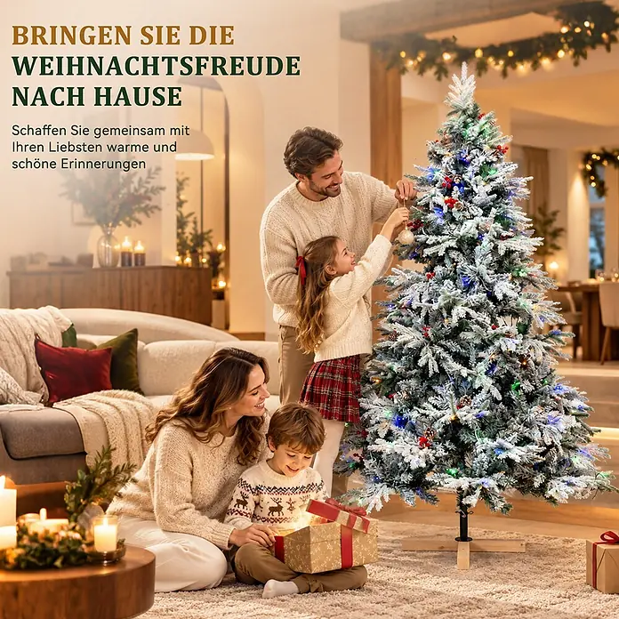HOMAVO Künstlicher Weihnachtsbaum 180 CM Mit LED Beleuchtung -  - Eine Familie schmückt einen beleuchteten, beflockten künstlichen Weihnachtsbaum. Ein Kind öffnet ein Geschenk und schafft so festliche Erinnerungen.