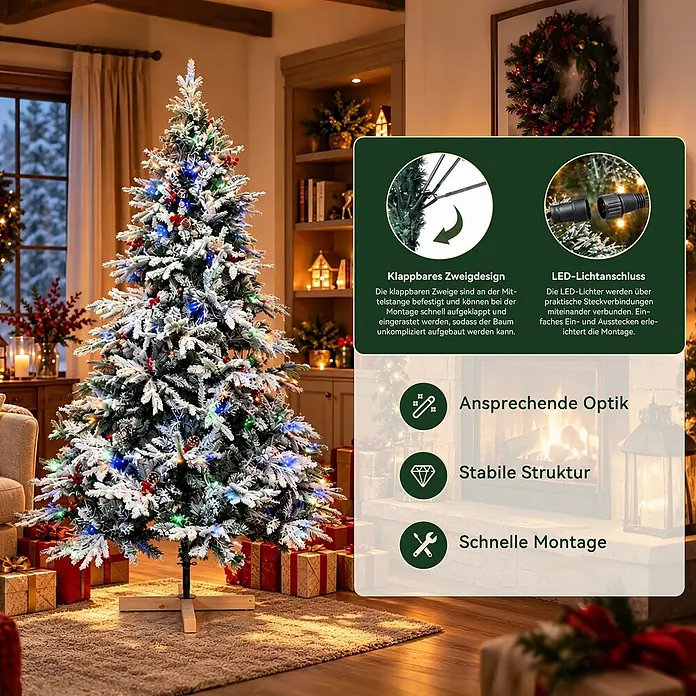 HOMAVO Künstlicher Weihnachtsbaum 180 CM Mit LED Beleuchtung -  - Beflockter, vorbeleuchteter künstlicher Weihnachtsbaum mit bunten LEDs und klappbaren Zweigen in festlicher Wohnzimmerumgebung.