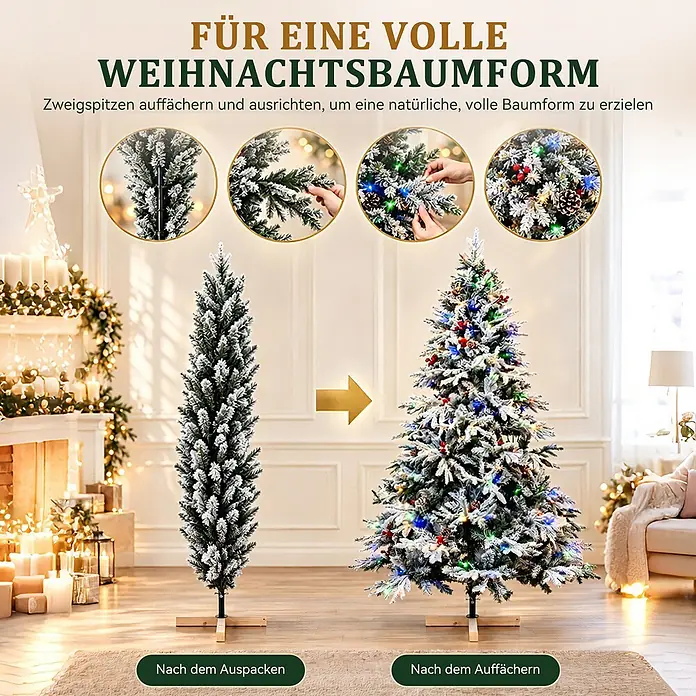 HOMAVO Künstlicher Weihnachtsbaum 180 CM Mit LED Beleuchtung -  - Beflockter künstlicher Weihnachtsbaum vor und nach dem Auffächern, zeigt die volle Form. Hände fächern Zweige auf, der Baum ist mit Lichtern und Deko geschmückt.