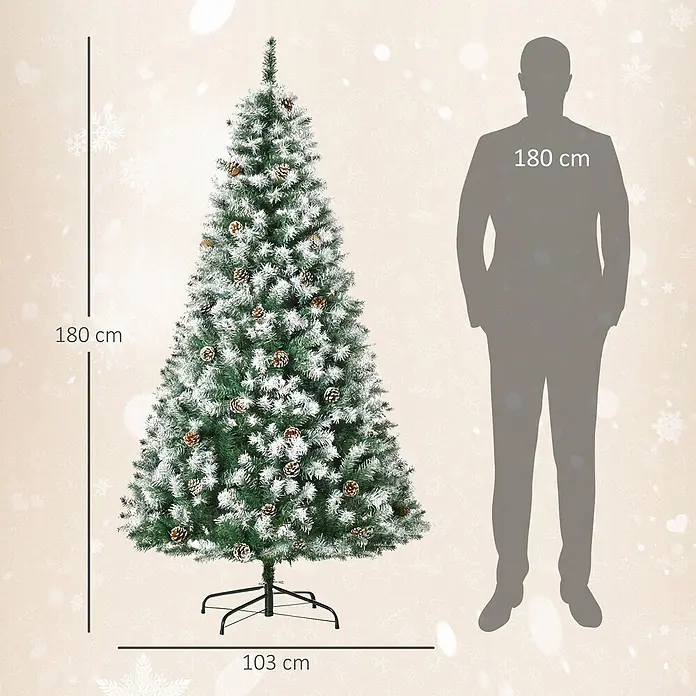 HOMCOM-Weihnachtsbaum-103L x 103B x 180H cm-Grün+Weiß -  - Beflockter künstlicher Weihnachtsbaum mit Zapfen, 180 cm hoch und 103 cm breit, zum Größenvergleich neben einer 180 cm großen Person.