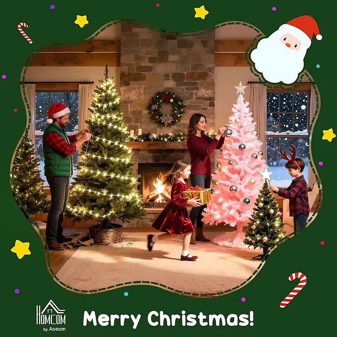 HOMCOM-Weihnachtsbaum-103L x 103B x 180H cm-Grün+Weiß -  - Familie schmückt verschiedene Homcom Weihnachtsbäume: einen großen grünen, einen rosafarbenen und einen kleinen grünen in einem gemütlichen Wohnzimmer.