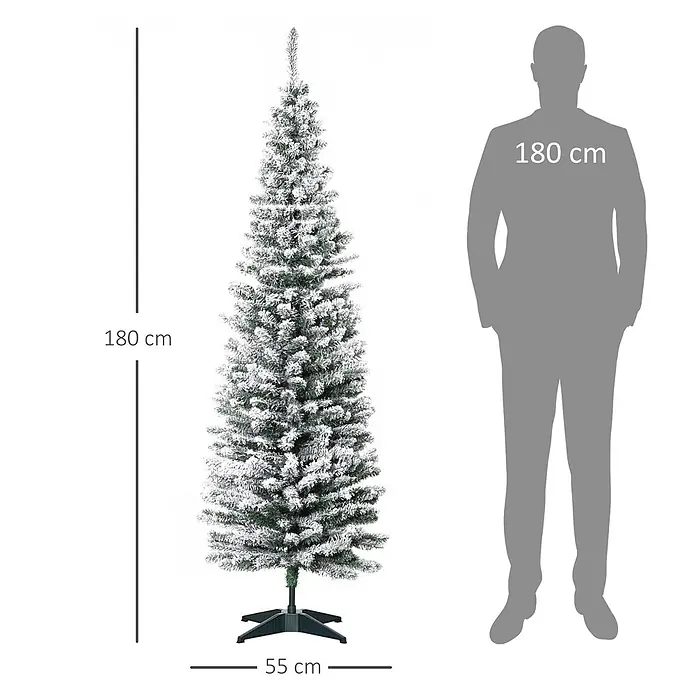 HOMCOM-Weihnachtsbaum-Ø55 x 180H cm-Grün+Weiß -  - Beflockter Weihnachtsbaum, 180 cm hoch und 55 cm breit, mit Schneeeffekt. Zum Größenvergleich neben einer 180 cm großen Person.