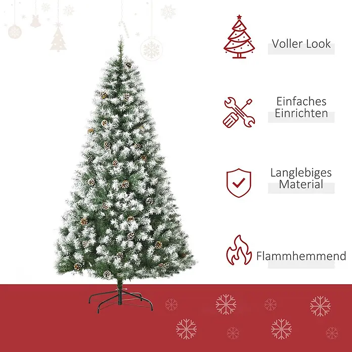 HOMCOM-Weihnachtsbaum-103L x 103B x 180H cm-Grün+Weiß -  - Künstlicher, beschneiter Weihnachtsbaum mit Tannenzapfen auf schwarzem Ständer.
