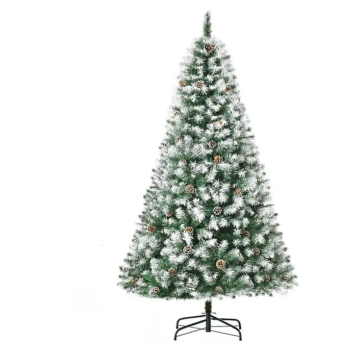 HOMCOM-Weihnachtsbaum-103L x 103B x 180H cm-Grün+Weiß -  - Beflockter künstlicher Weihnachtsbaum mit Tannenzapfen auf schwarzem Metallständer.