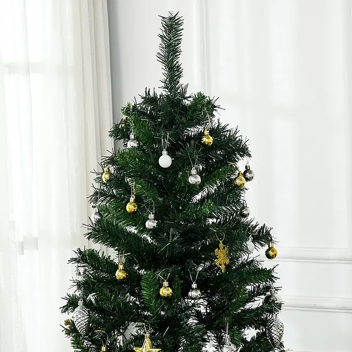 HOMCOM-Weihnachtsbaum-Ø112 x H180 cm-Grün -  - Ein künstlicher grüner Weihnachtsbaum, geschmückt mit goldenen und silbernen Kugeln, Sternen, Schneeflocken und Tannenzapfen-Ornamenten.
