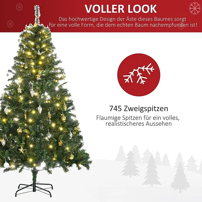 HOMCOM-Weihnachtsbaum-Ø112 x H180 cm-Grün -  - Voller künstlicher Weihnachtsbaum mit 745 Spitzen, geschmückt mit warmen Lichtern und Ornamenten.