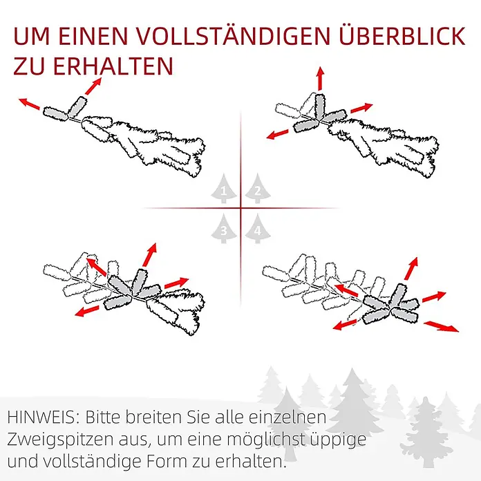 HOMCOM-Weihnachtsbaum-Ø55 x 180H cm-Grün+Weiß -  - Anleitung zum Ausbreiten der Zweigspitzen eines künstlichen Weihnachtsbaums für eine volle Form.