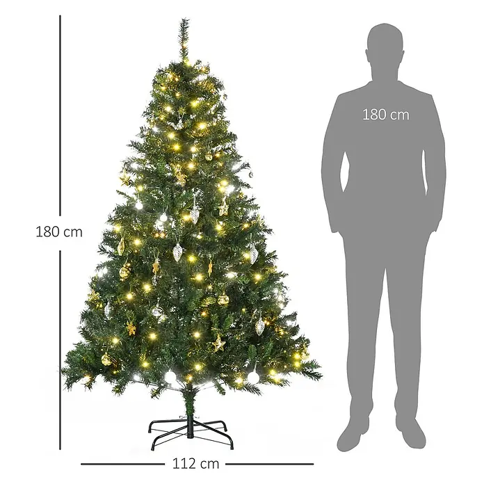 HOMCOM-Weihnachtsbaum-Ø112 x H180 cm-Grün -  - Beleuchteter künstlicher Weihnachtsbaum mit Gold- und Silberdekorationen, 180 cm hoch und 112 cm breit, neben einer Person zur Größenanzeige.