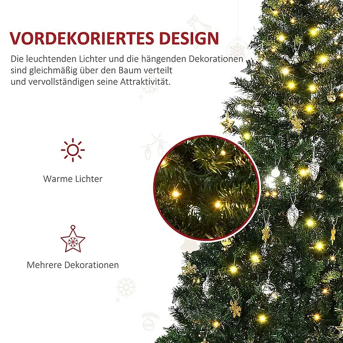 HOMCOM-Weihnachtsbaum-Ø112 x H180 cm-Grün -  - Vordekorierter Weihnachtsbaum mit warmen Lichtern und verschiedenen goldenen und silbernen Dekorationen.