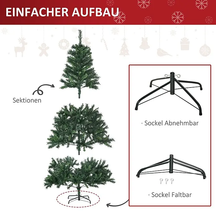 HOMCOM-Weihnachtsbaum-Ø112 x H180 cm-Grün -  - Grüner künstlicher Weihnachtsbaum in Sektionen mit schwarzem, zerlegbarem und faltbarem Metallständer für einfachen Aufbau.