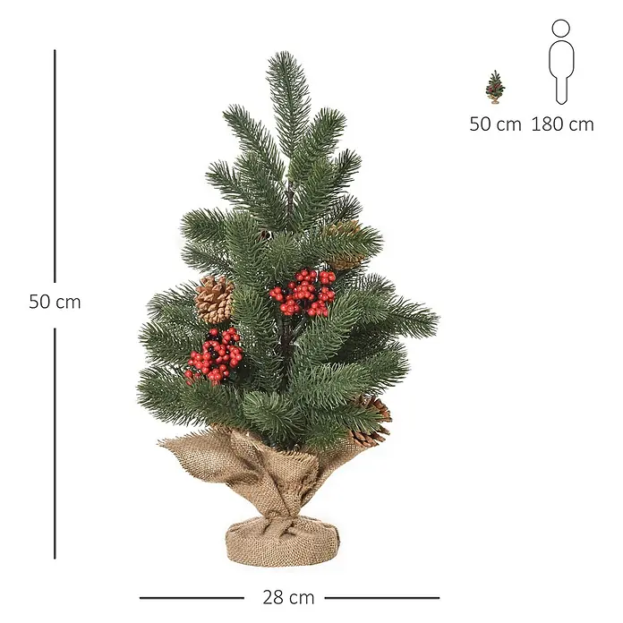 HOMCOM-Weihnachtsbaum-Ø28 x 50H cm-Grün -  - Kleiner künstlicher Weihnachtsbaum, 50 cm hoch, mit grünen Zweigen, roten Beeren, Tannenzapfen und Jutesockel.