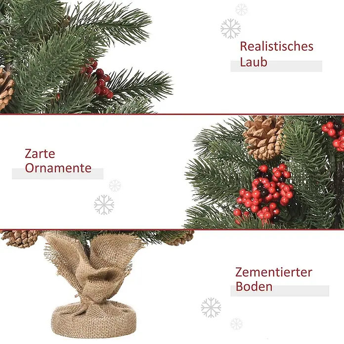 HOMCOM-Weihnachtsbaum-Ø28 x 50H cm-Grün -  - Mini-Weihnachtsbaum mit realistischen Kiefernnadeln, Beeren, Tannenzapfen und einem in Sackleinen gewickelten Zementfuß.