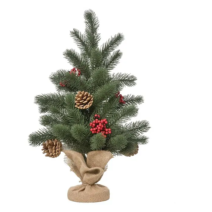 HOMCOM-Weihnachtsbaum-Ø28 x 50H cm-Grün -  - Kleiner künstlicher Weihnachtsbaum mit grünen Nadeln, dekoriert mit roten Beeren und Tannenzapfen, mit einem jutegewickelten Sockel.