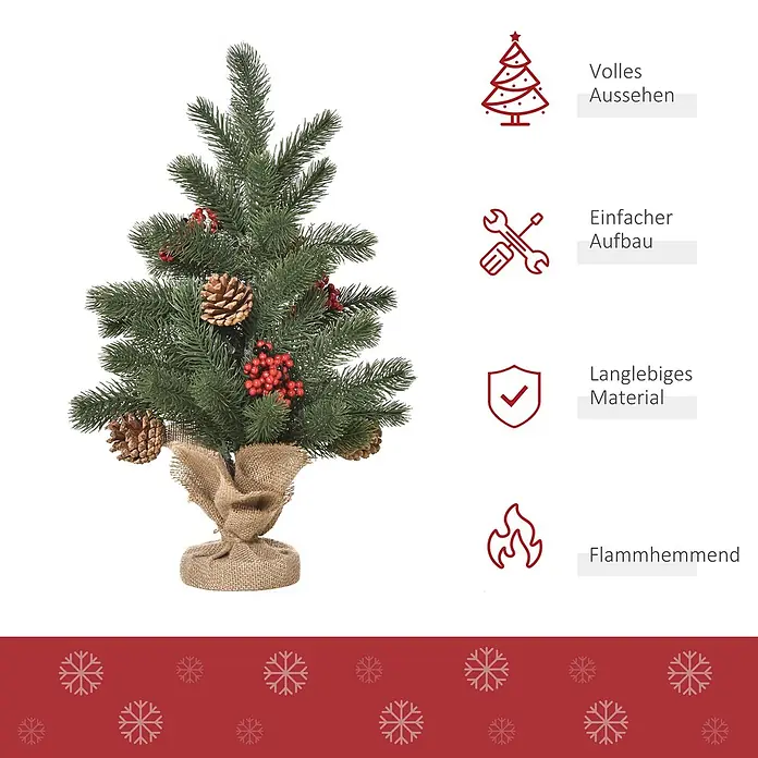 HOMCOM-Weihnachtsbaum-Ø28 x 50H cm-Grün -  - Kleiner künstlicher Weihnachtsbaum mit Zapfen und roten Beeren, Basis in Jute gewickelt.
