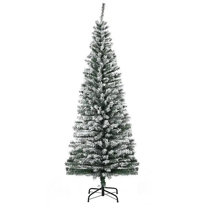 HOMCOM-Weihnachtsbaum-Ø60 x 180H cm-Grün -  - Schmaler künstlicher Weihnachtsbaum, grüne Zweige stark mit weißem „Schnee“ beflockt, auf schwarzem Metallfuß.