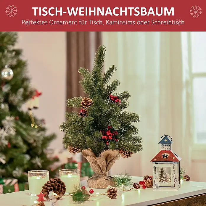 HOMCOM-Weihnachtsbaum-Ø28 x 50H cm-Grün -  - Kleiner künstlicher Weihnachtsbaum mit roten Beeren, Tannenzapfen und Jute-Basis, ideal als Tisch-, Kaminsims- oder Schreibtischornament.