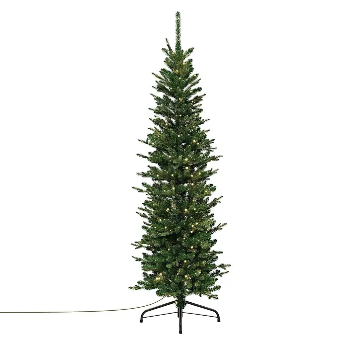 ECD Germany Künstlicher Weihnachtsbaum 150 cm mit Beleuchtung, Naturgetreu -  - Schlanker künstlicher grüner Weihnachtsbaum, vorbeleuchtet mit warmweißen Lichtern, auf schwarzem Metallständer.