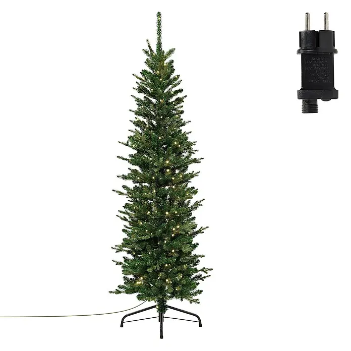 ECD Germany Künstlicher Weihnachtsbaum 150 cm mit Beleuchtung, Naturgetreu -  - Schlanker künstlicher Weihnachtsbaum, vorbeleuchtet mit warmweißen Lichtern, schwarzem Metallständer und Netzteil.