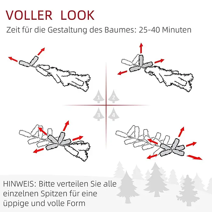 HOMCOM-Weihnachtsbaum-Ø60 x 180H cm-Grün -  - Anleitung zeigt in vier Schritten, wie man künstliche Weihnachtsbaumzweige für eine üppige, volle Form spreizt, dauert 25-40 Minuten.