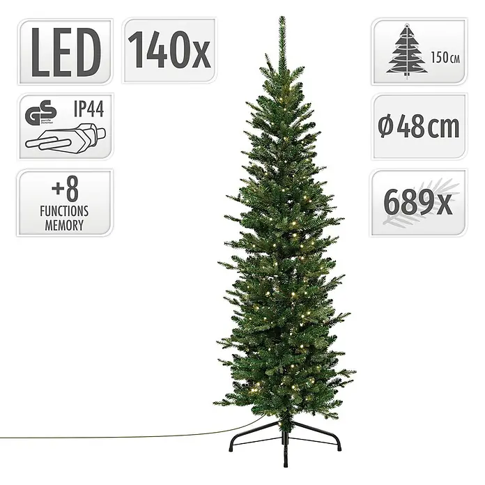 ECD Germany Künstlicher Weihnachtsbaum 150 cm mit Beleuchtung, Naturgetreu -  - Beleuchteter künstlicher Weihnachtsbaum, 150 cm hoch, mit 140 LEDs und 8 Lichtfunktionen. Er hat 689 Astspitzen und 48 cm Durchmesser.
