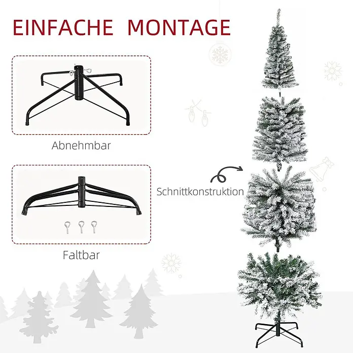 HOMCOM-Weihnachtsbaum-Ø60 x 180H cm-Grün -  - Schwarzer Metall-Christbaumständer, abnehmbar und faltbar, gezeigt mit einem Kunstschneebaum, der abschnittsweise zusammengebaut wird.