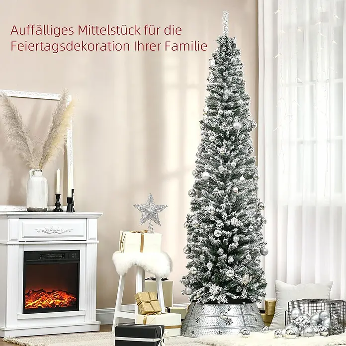 HOMCOM-Weihnachtsbaum-Ø60 x 180H cm-Grün -  - Hoher beflockter Weihnachtsbaum mit silbernen Kugeln und Sternspitze, in einem festlich dekorierten Raum.