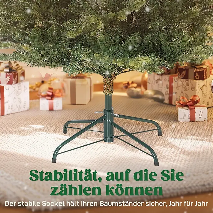 HOMCOM-Weihnachtsbaum-100L x 100B x 180H cm-Grün -  - Grüner Metall-Weihnachtsbaumständer, der einen künstlichen Baum trägt, umgeben von Geschenken auf einem Teppich.