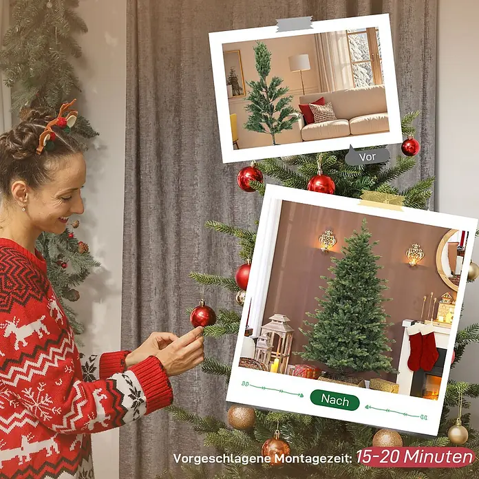 HOMCOM-Weihnachtsbaum-100L x 100B x 180H cm-Grün -  - Frau schmückt Weihnachtsbaum; 'Vorher'- und 'Nachher'-Bilder zeigen einfache Montage, empfohlen: 15-20 Minuten.