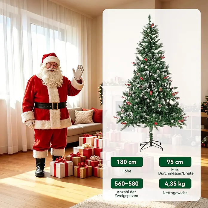 HOMAVO Künstlicher Weihnachtsbaum 180 CM Für Zuhause Garten Hotel -  - Künstlicher Weihnachtsbaum, 180 cm hoch, mit grün beflockten Zweigen, roten Beeren und Tannenzapfen. Inkl. Spezifikationen.