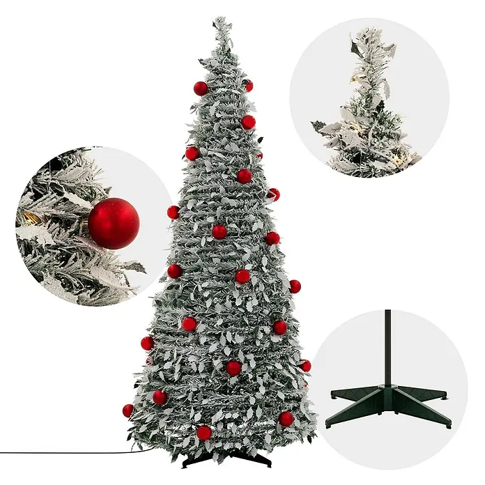 ECD Germany Künstlicher Pop-Up-Weihnachtsbaum 180 cm mit Deko & Beleuchtung -  - Ein beflockter künstlicher Weihnachtsbaum, grün mit weißem Frost und roten Kugeln, steht auf einem dunkelgrünen Vierfußständer. Er ist vorbeleuchtet.