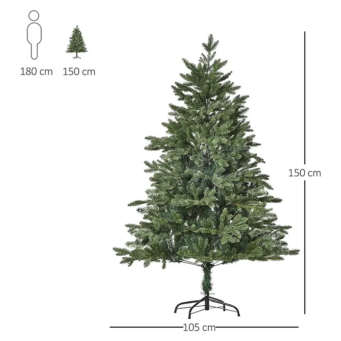 HOMCOM-Christbaum-Ø105 x 150H cm-Grün -  - Grüner künstlicher Weihnachtsbaum, 150 cm hoch, 105 cm breit, auf Ständer, mit Personensymbol zur Größenangabe.