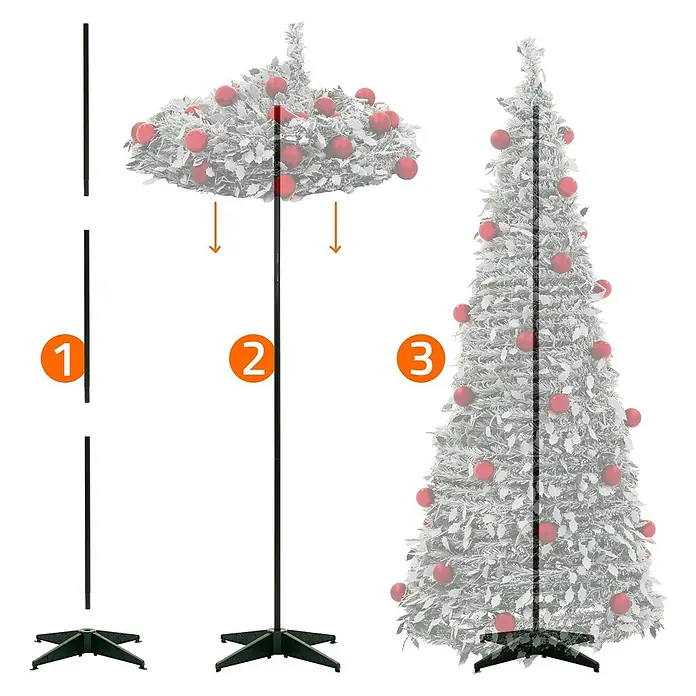 ECD Germany Künstlicher Pop-Up-Weihnachtsbaum 180 cm mit Deko & Beleuchtung -  - Montageanleitung für einen beflockten Aufstell-Weihnachtsbaum, zeigt Stange, Standfuß und den sich von oben nach unten entfaltenden Baum.