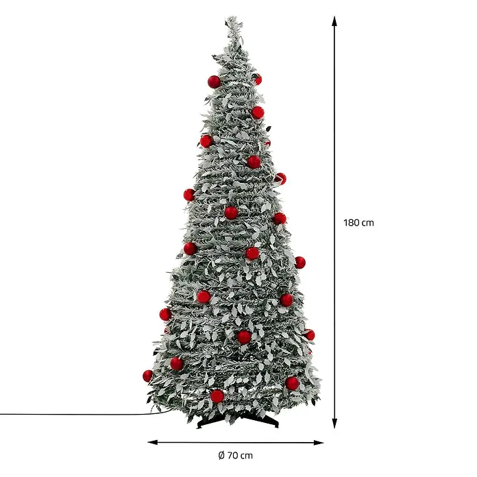 ECD Germany Künstlicher Pop-Up-Weihnachtsbaum 180 cm mit Deko & Beleuchtung -  - Beflockter künstlicher Weihnachtsbaum mit roten Kugeln, 180 cm hoch und 70 cm Durchmesser.